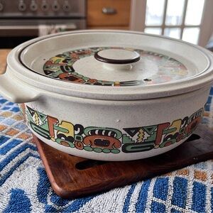 Cream Ceramic Covered Casserole with Colorful Geometric Border